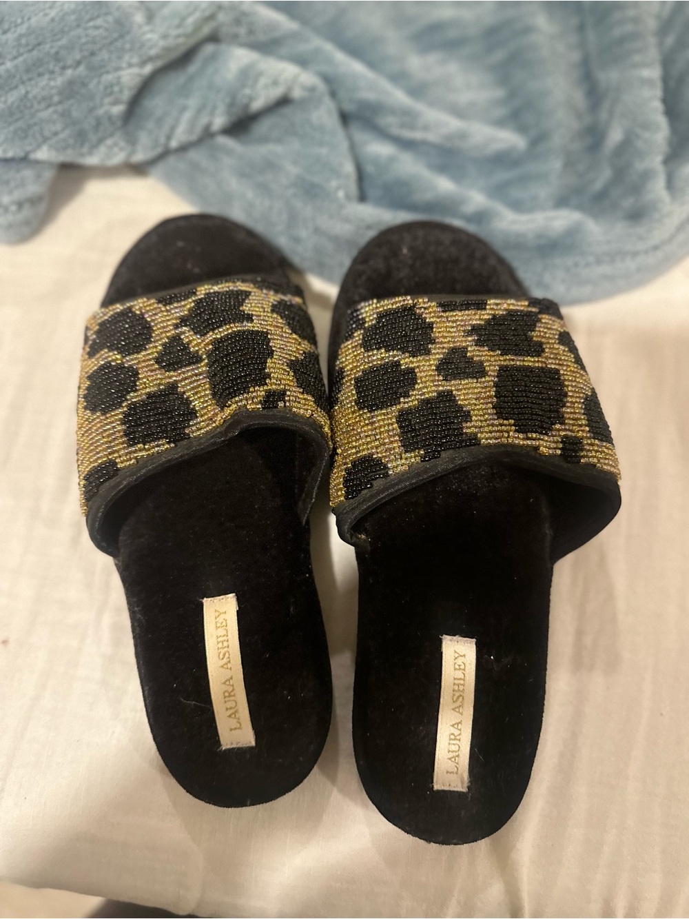 Laura Ashley Black Velvet Slide Sandals with Gold Leopard Beaded Strap